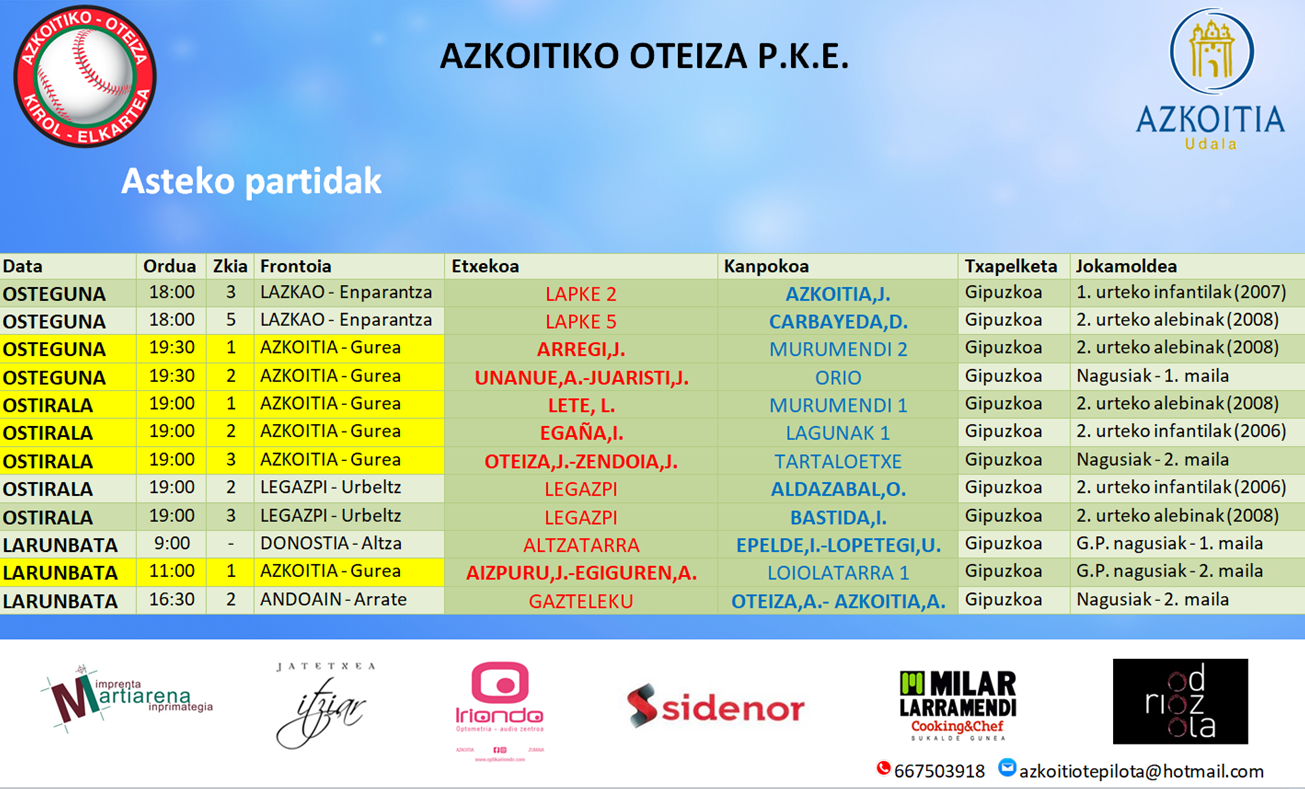Aste honetako pilota partiden ordutegiak
