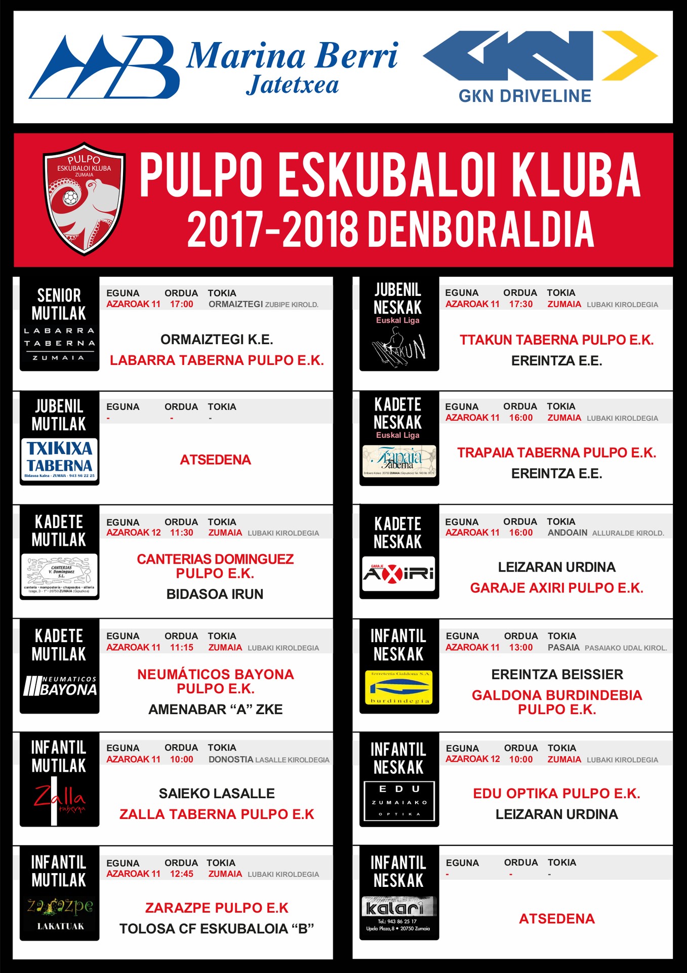 Pulpo Eskubaloiko partiduen ordutegia