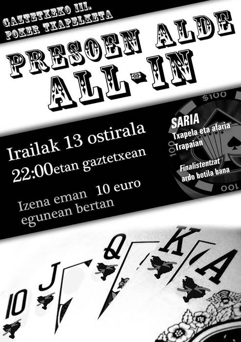 Poker txapelketa egingo dute ostiral honetan Zumaiako Gaztetxean