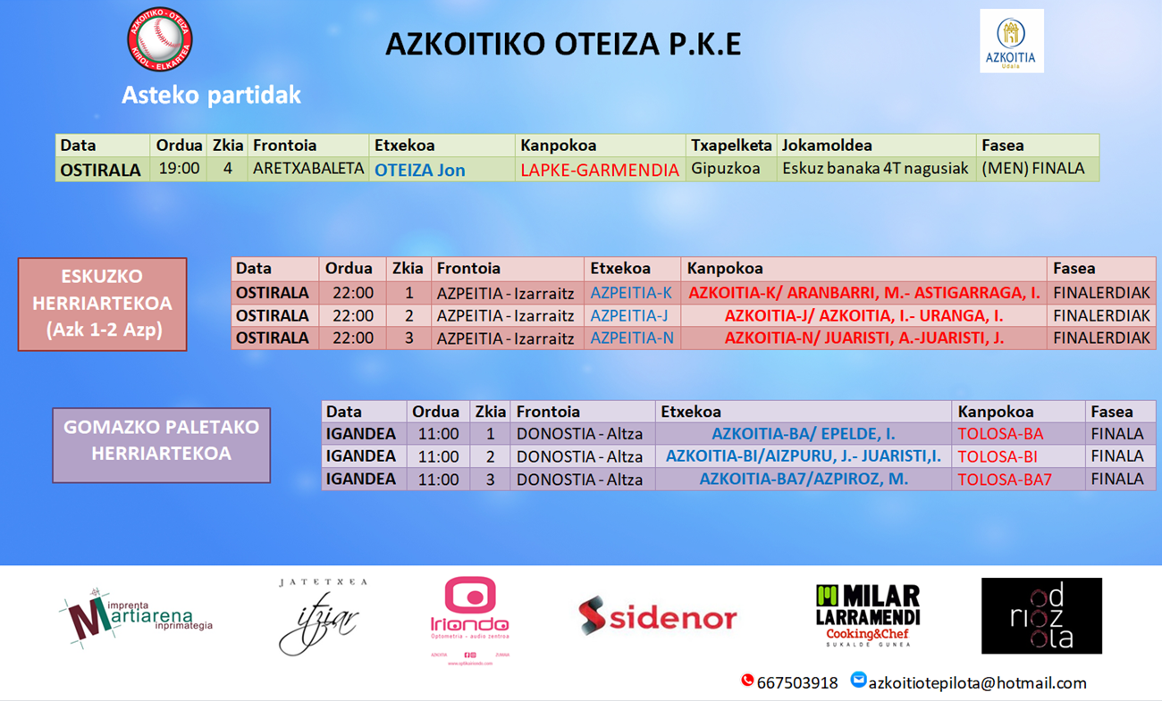 Aste honetako pilota partiden ordutegiak