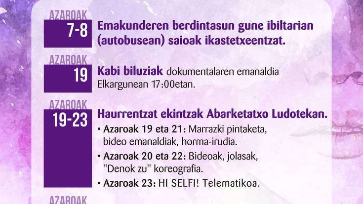 Emakunderen berdintasun gune ibiltariak zabalduko du azaroaren 25aren bueltan antolaturiko egitaraua