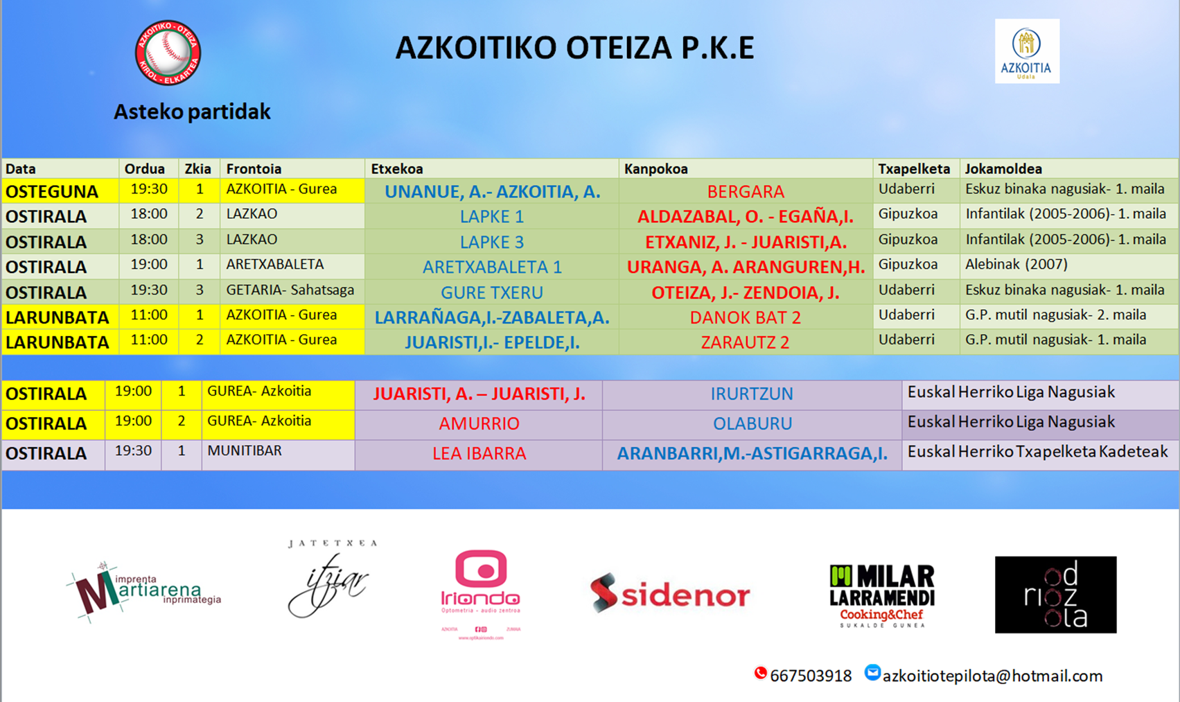 Aste honetako pilota partiden ordutegiak
