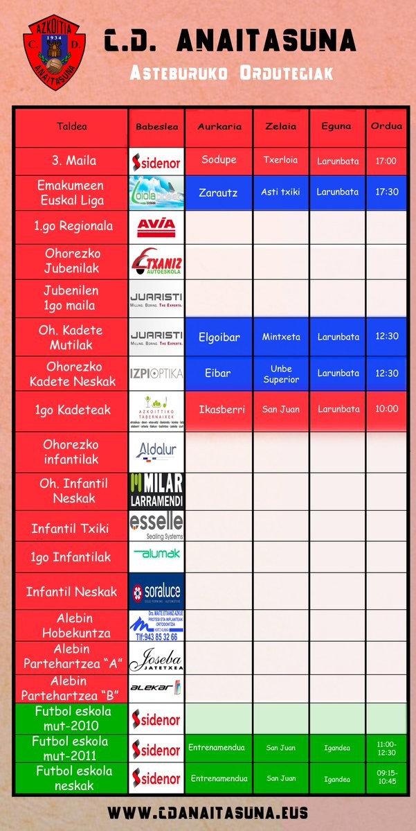 Anaitasunaren asteburuko partiden ordutegiak