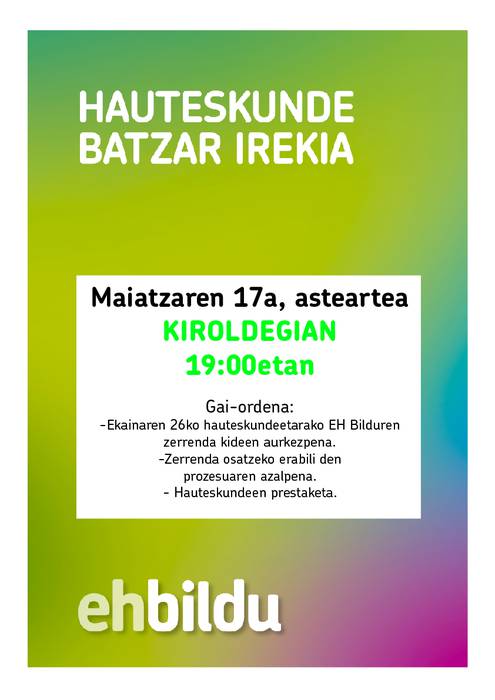  Hauteskunde batzar irekia egingo du bihar EH Bilduk  