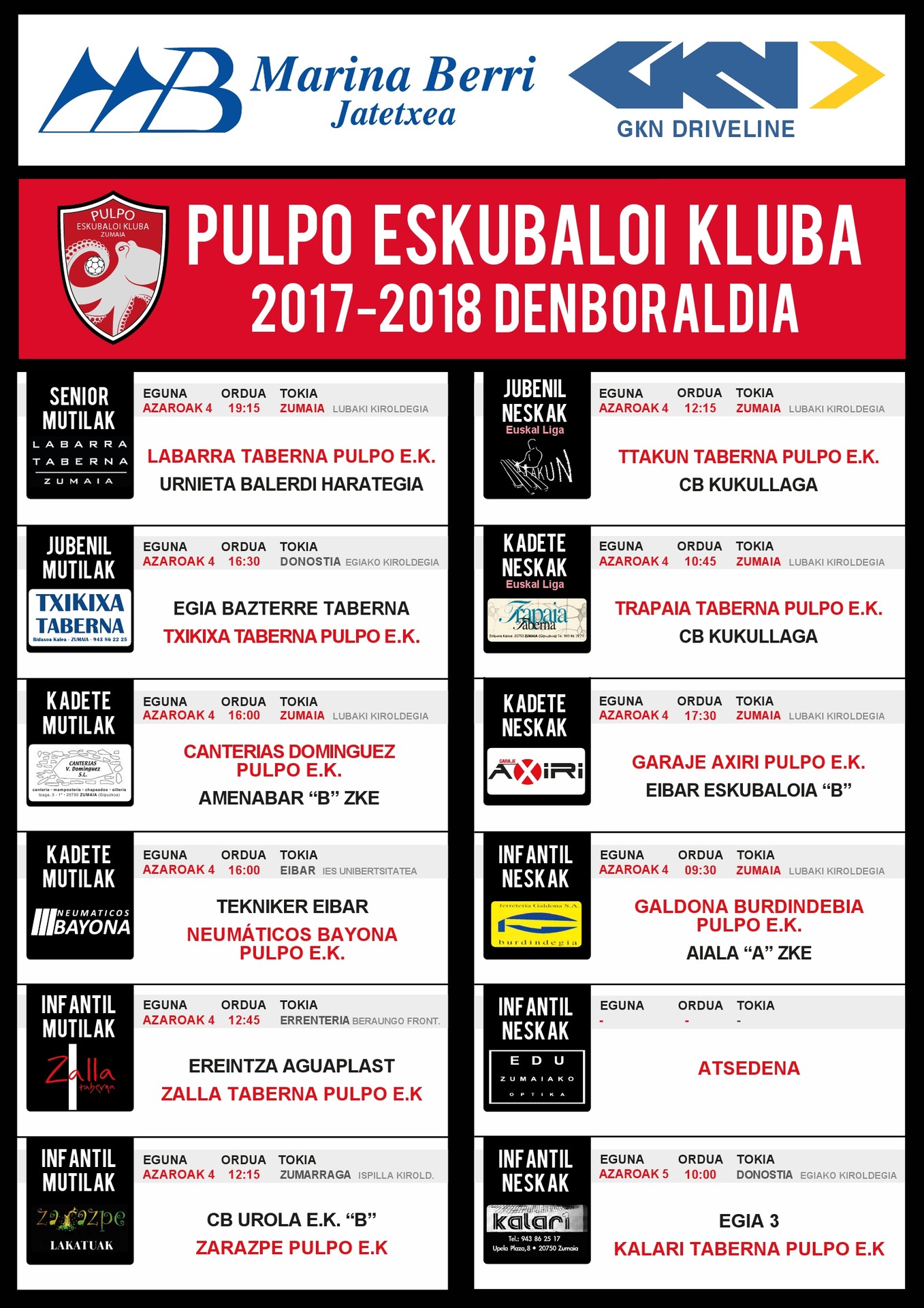 Pulpo Eskubaloiko partiduen ordutegia