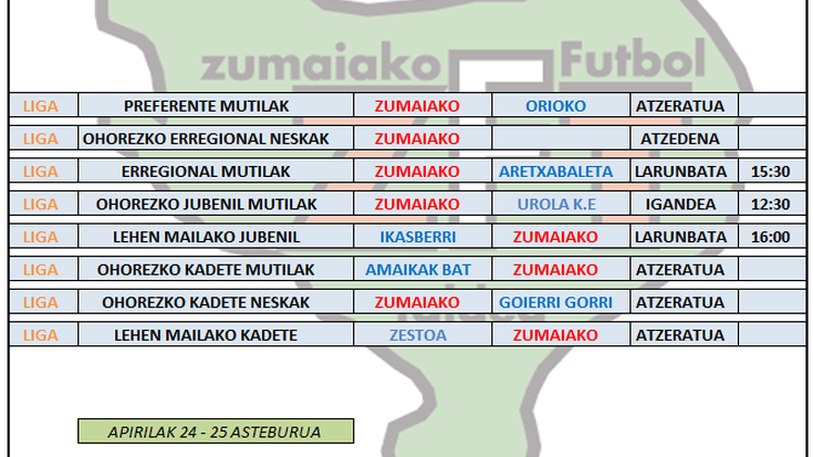 Asteburu honetako futbol partiden ordutegia