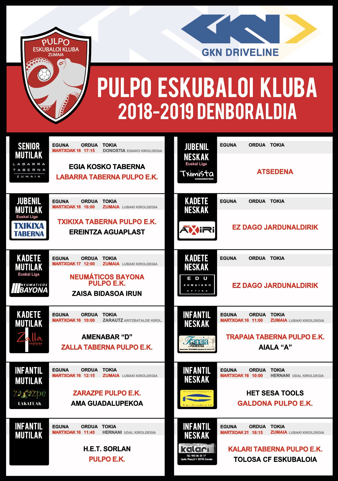 Pulpo Eskubaloiko partiduen ordutegia