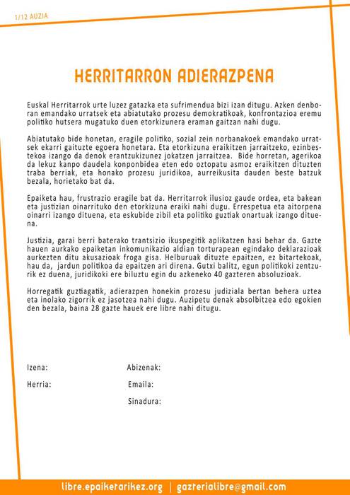 Epaitzen ari diren 28 gazteak libre uztearen alde sinatzeko kanpaina hasiko da ostegunean