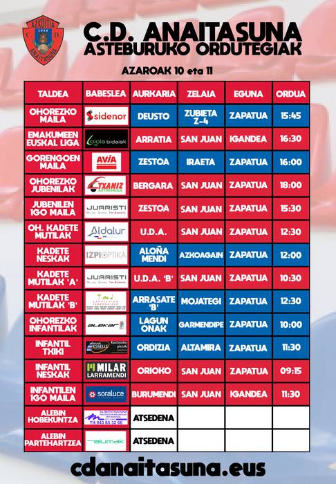 Azaroak 10 eta 11 egunetako partiden ordutegiak