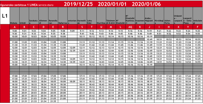 Hiribusaren ordutegi berezia abenduaren 25 eta urtarrilaren 1 eta 6rako