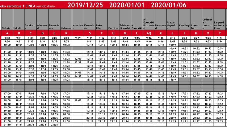 Hiribusaren ordutegi berezia abenduaren 25 eta urtarrilaren 1 eta 6rako