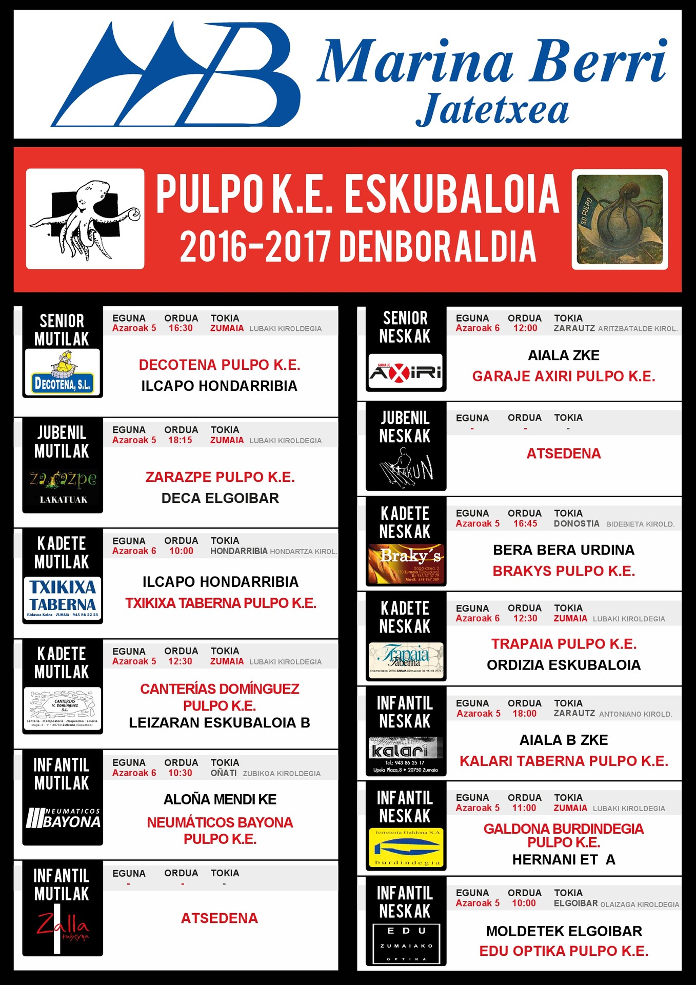 PULPO K.E eskubaloi taldeen aste bukaerako egutegia