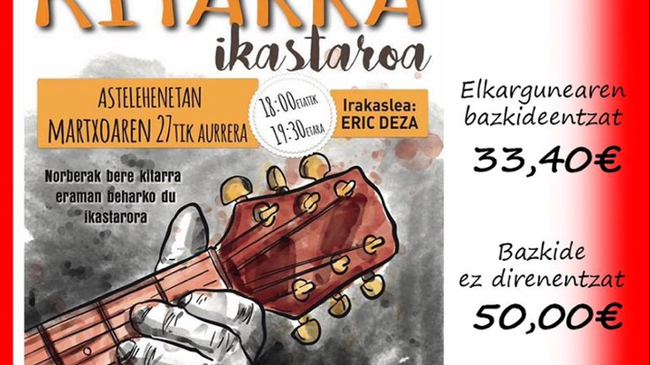 Oinarrizko gitarra ikastaroa eskainiko dute martxoaren 27tik uztailaren 3ra, Elkargunean