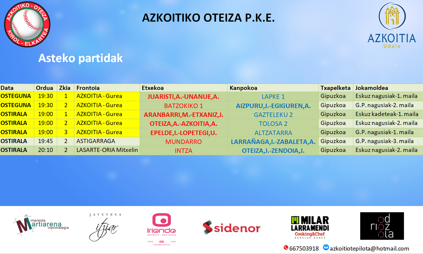 Aste honetako pilota partiden ordutegia