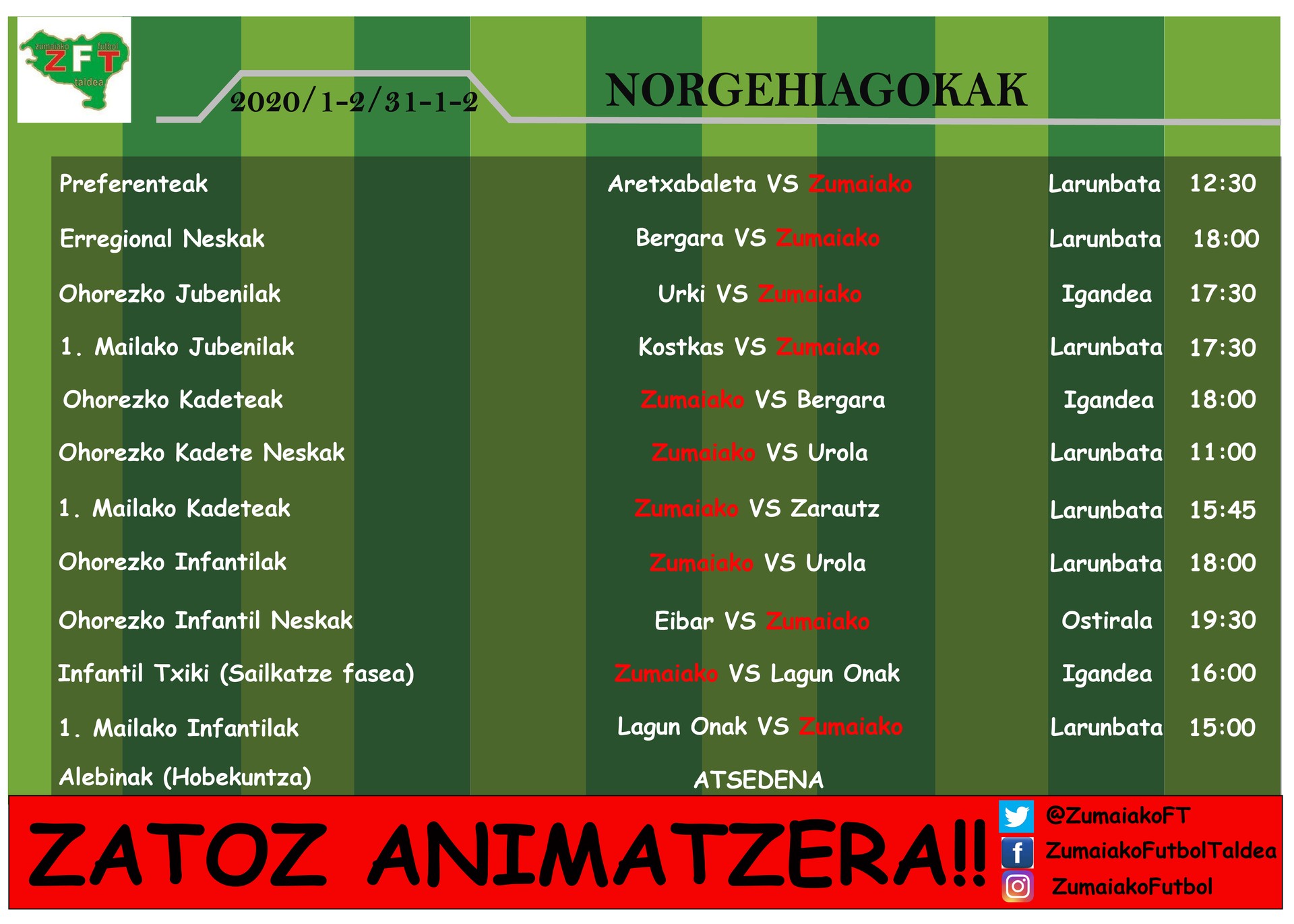 Zumaiakoko preferenteek eta ohorezko erregionaleko neskek larunbatean jokatuko dituzte norgehiagokak