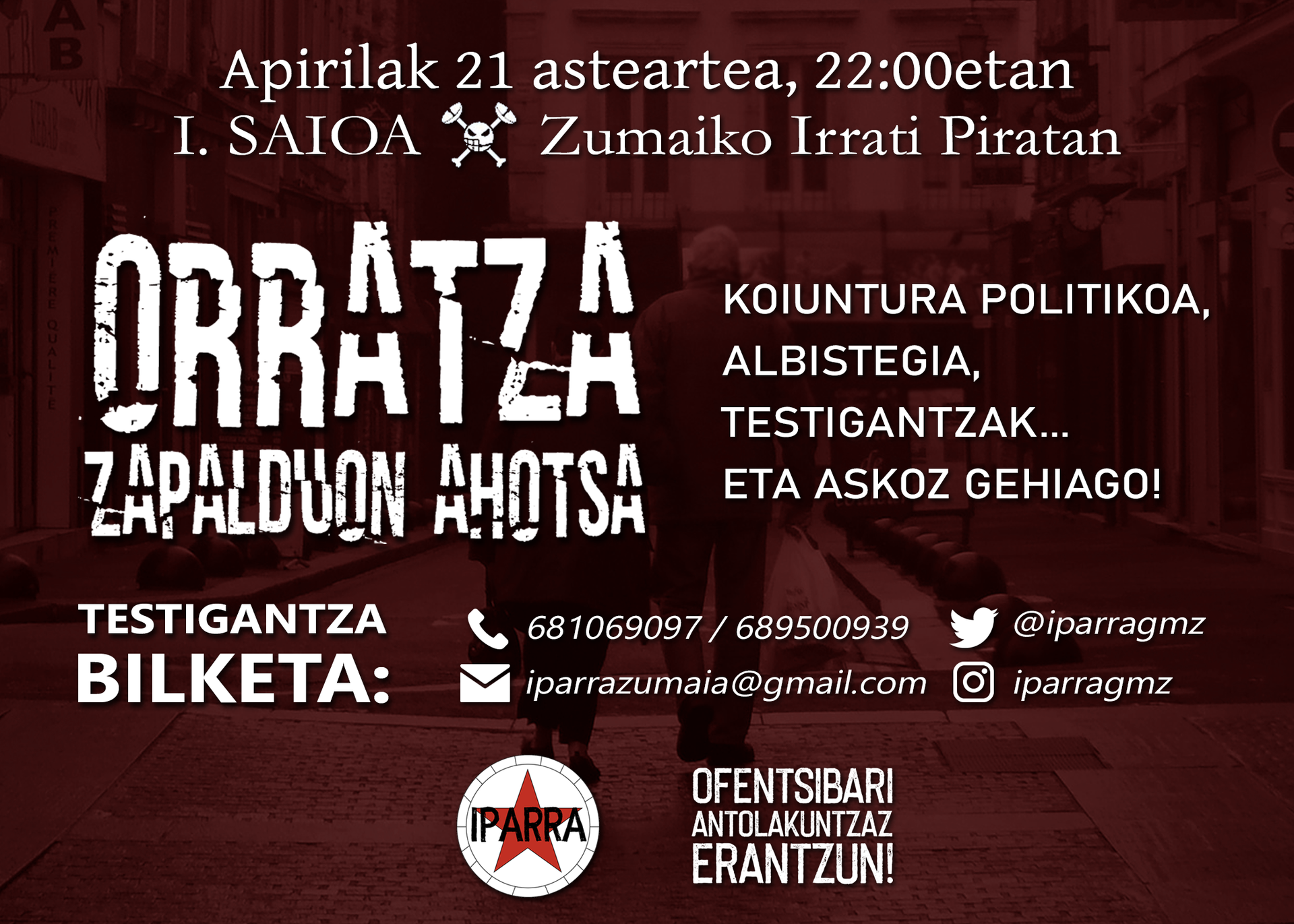 'Orratza, Zapalduon Ahotsa' irratsaioa Zumaiko Irrati Piratan, 22:00etatik aurrera