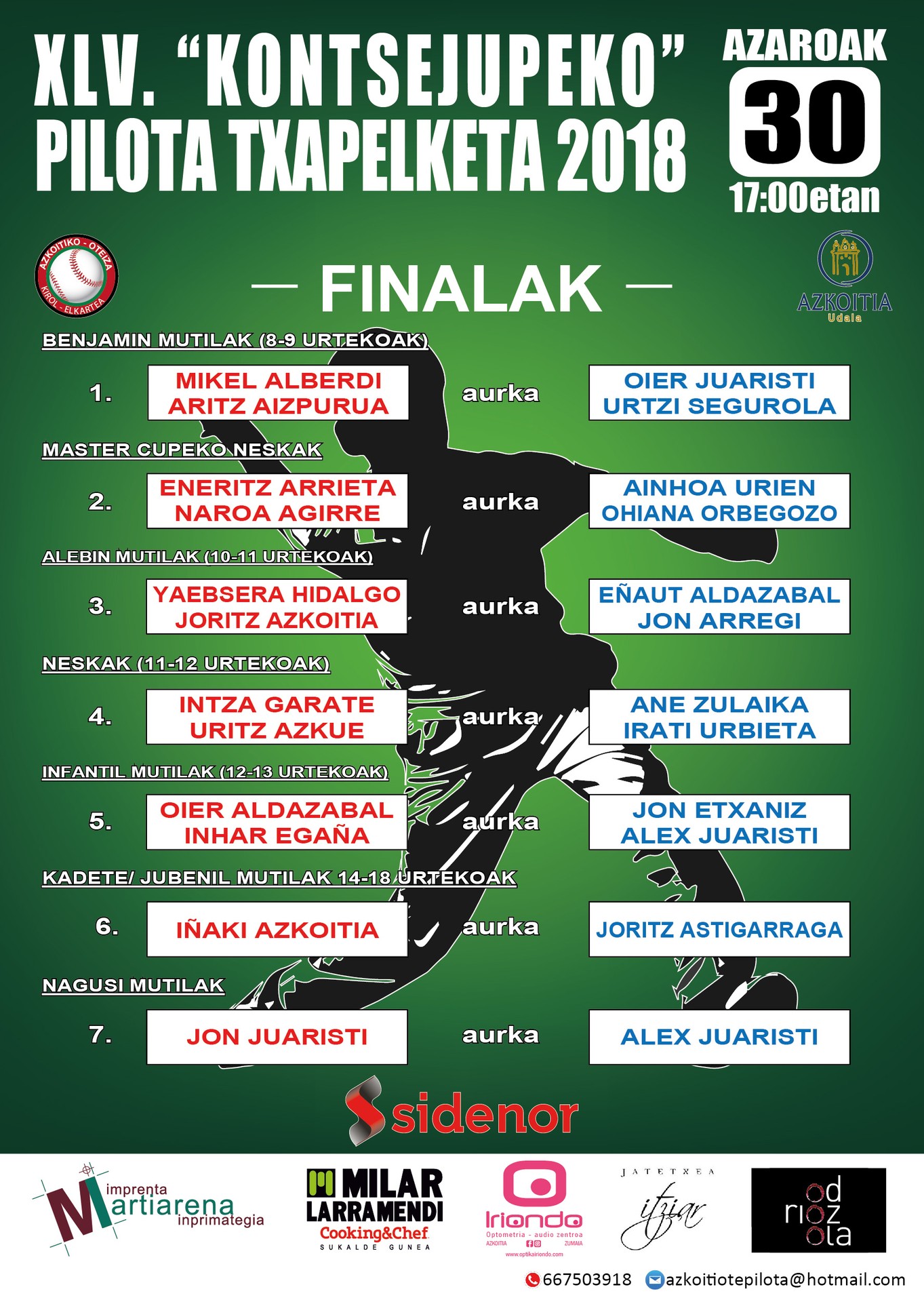 XLV. Kontzejupe Pilota Txapelketako finalak sanandres egunean jokatuko dira