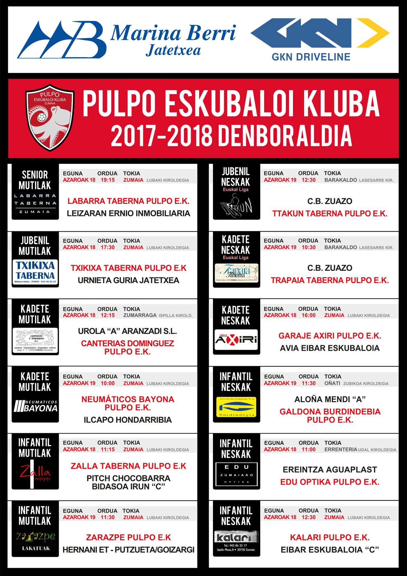Pulpo Eskubaloiko partiduen ordutegia
