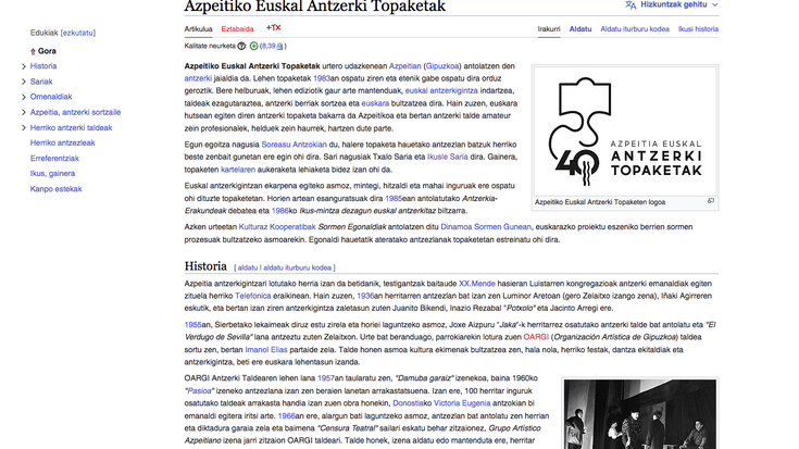 Euskal Antzerki Topaketen orrialdea sortu dute Wikipedian