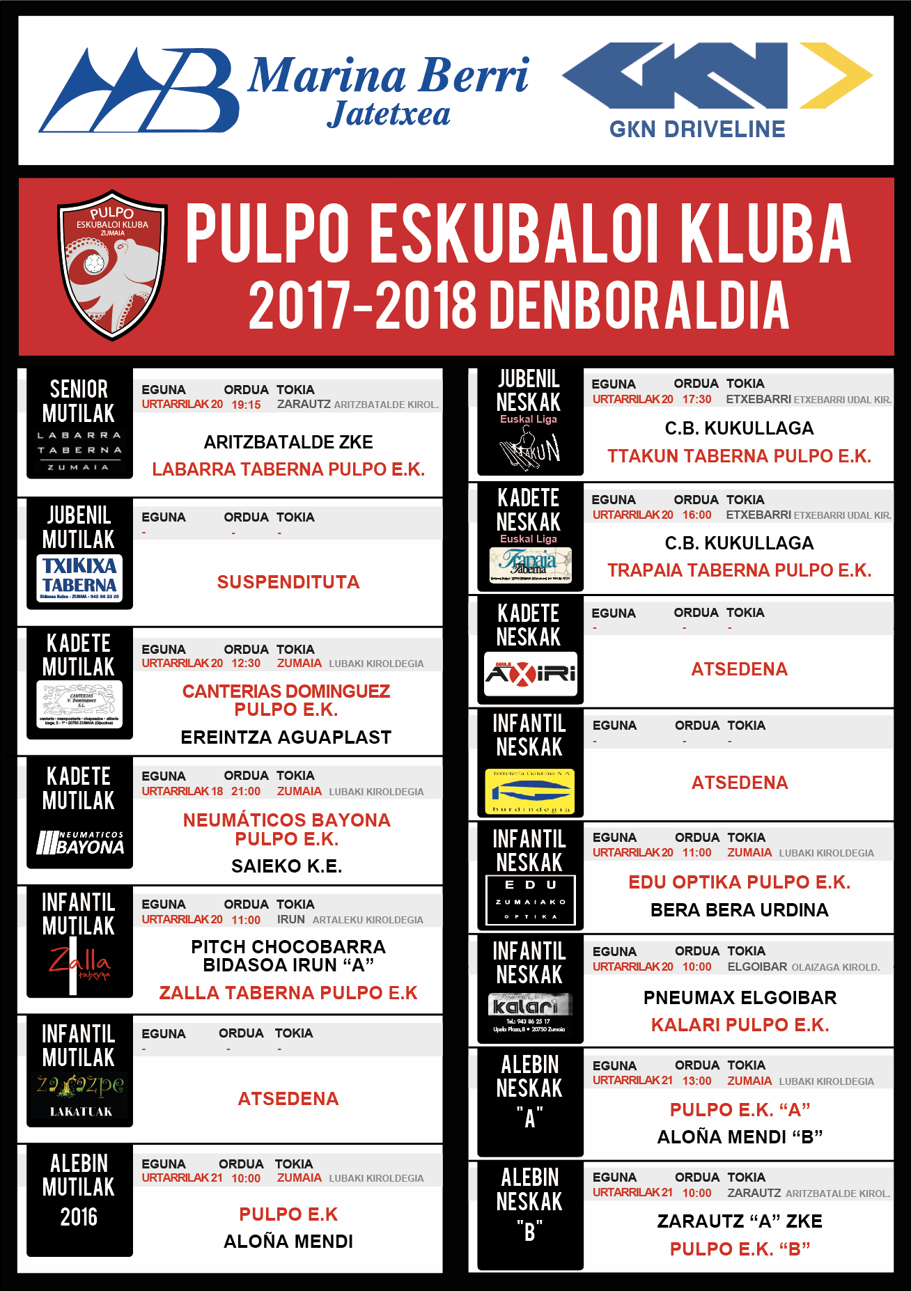 Pulpo Eskubaloiko partiduen ordutegia
