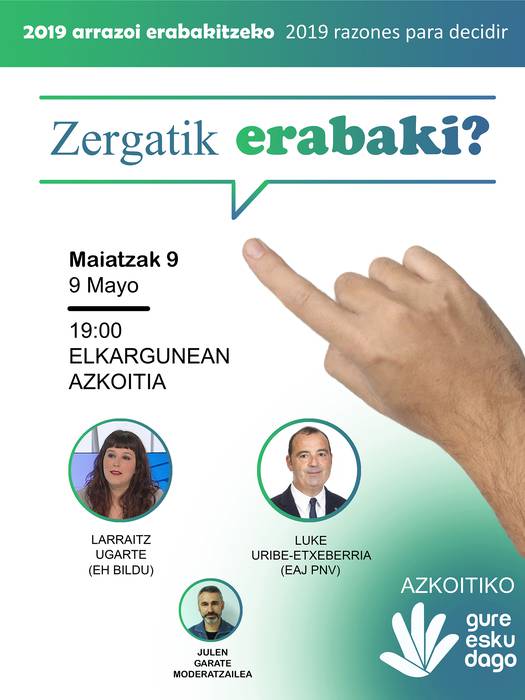 'Zergatik erabaki' hitzaldia eskainiko dute Larraitz Ugartek eta Luke Uribe-Etxeberriak Azkoitian