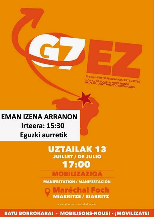 G7aren aurkako larunbat honetako manifestaziora joateko autobusa antolatu dute Zarauztik