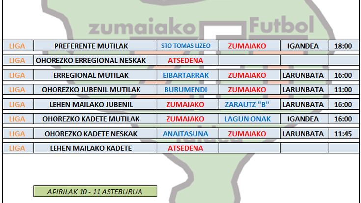 Asteburu honetako futbol partiden ordutegia