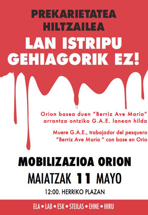 Astelehenean lan istripuz Orion hildako langilearen heriotza salatzeko elkarretaratzea deitu dute sindikatuek