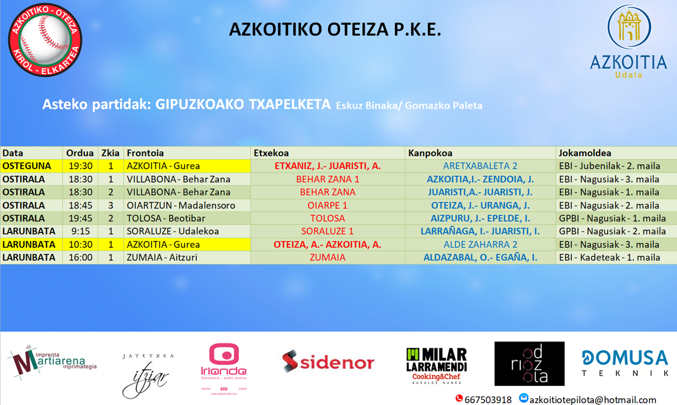 Aste honetako pilota partiden ordutegiak