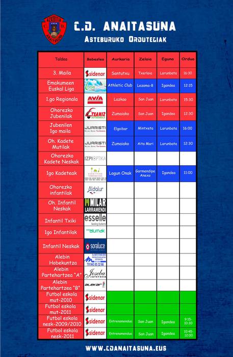 Anaitasunaren asteburuko futbol partiden ordutegiak