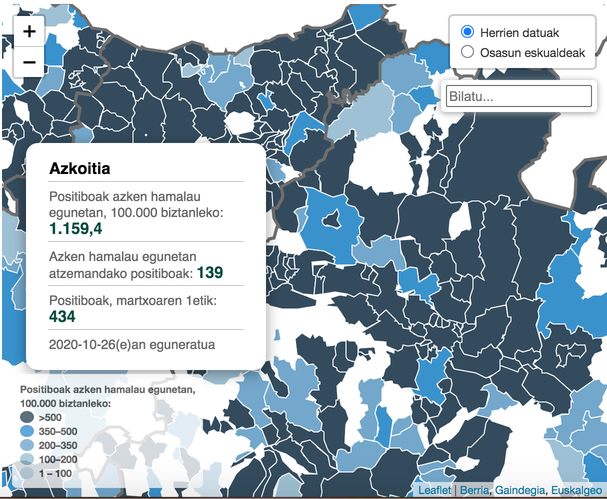 Kasu positiboen herriz herriko datuen mapa argitaratu dute 'Berria' egunkarian