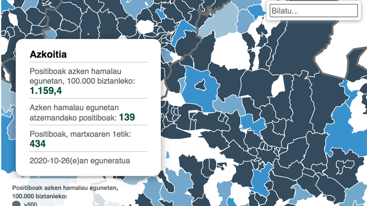 Kasu positiboen herriz herriko datuen mapa argitaratu dute 'Berria' egunkarian