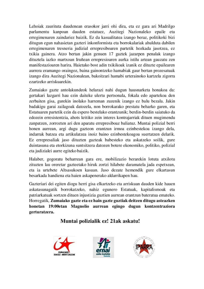 Kontzentrazioa deitu dute gazte mugimenduek muntai polizialak salatzeko