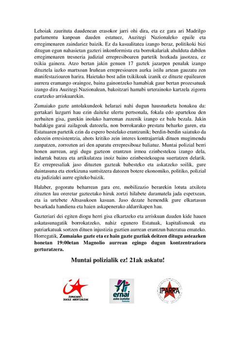 Kontzentrazioa deitu dute gazte mugimenduek muntai polizialak salatzeko