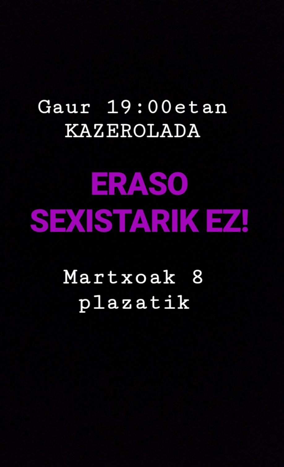 Eraso sexisten aurka kazerolada izango da arratsaldean