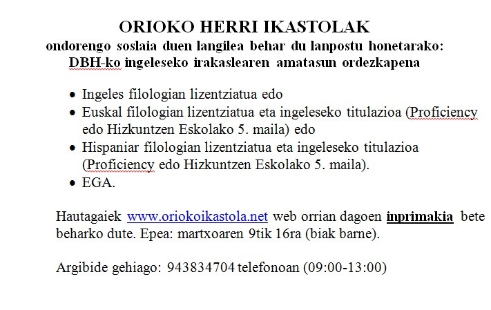 DBHKO INGELESEKO IRAKASLEAREN ORDEZKAPENA EGITEKO DEIALDIA
