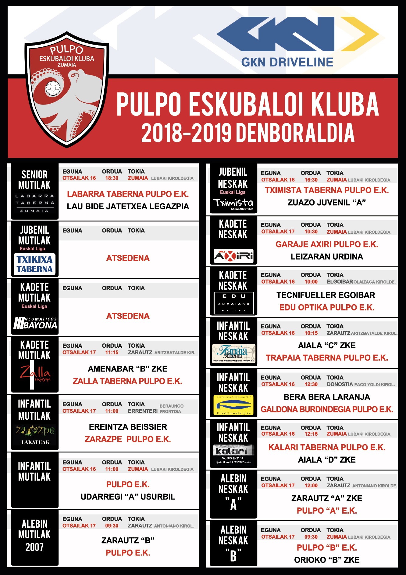 Pulpo Eskubaloiko partiduen ordutegia