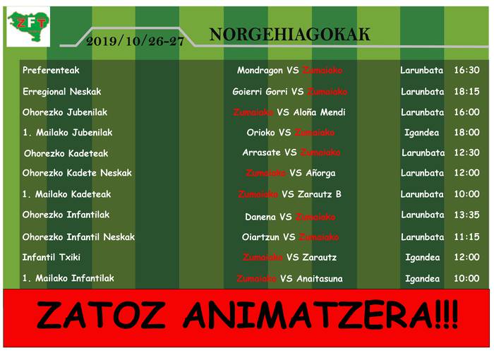 Zumaiakoko preferenteek eta ohorezko erregionaleko neskek larunbat arratsaldean jokatuko dituzte norgehiagokak