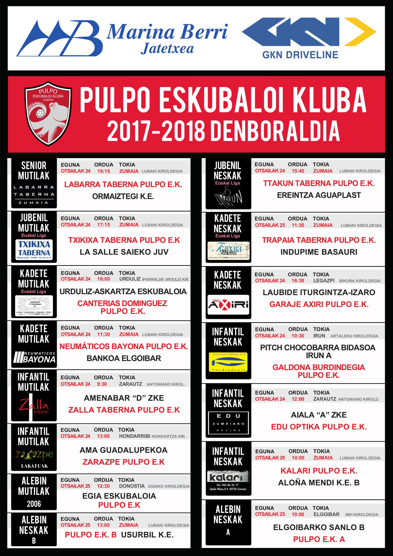 Pulpo Eskubaloiko partiduen ordutegia