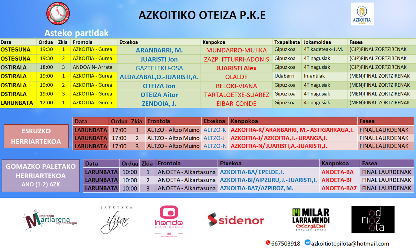 Asteburuko pilota partiden ordutegiak