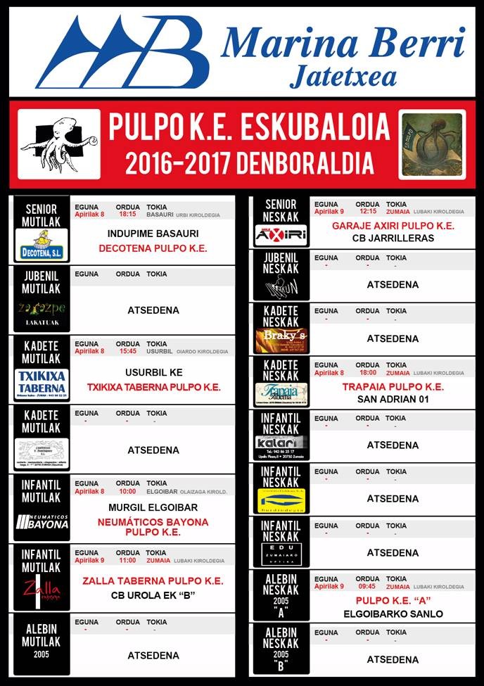 PULPO K.E eskubaloi taldeen aste bukaerako partiduak