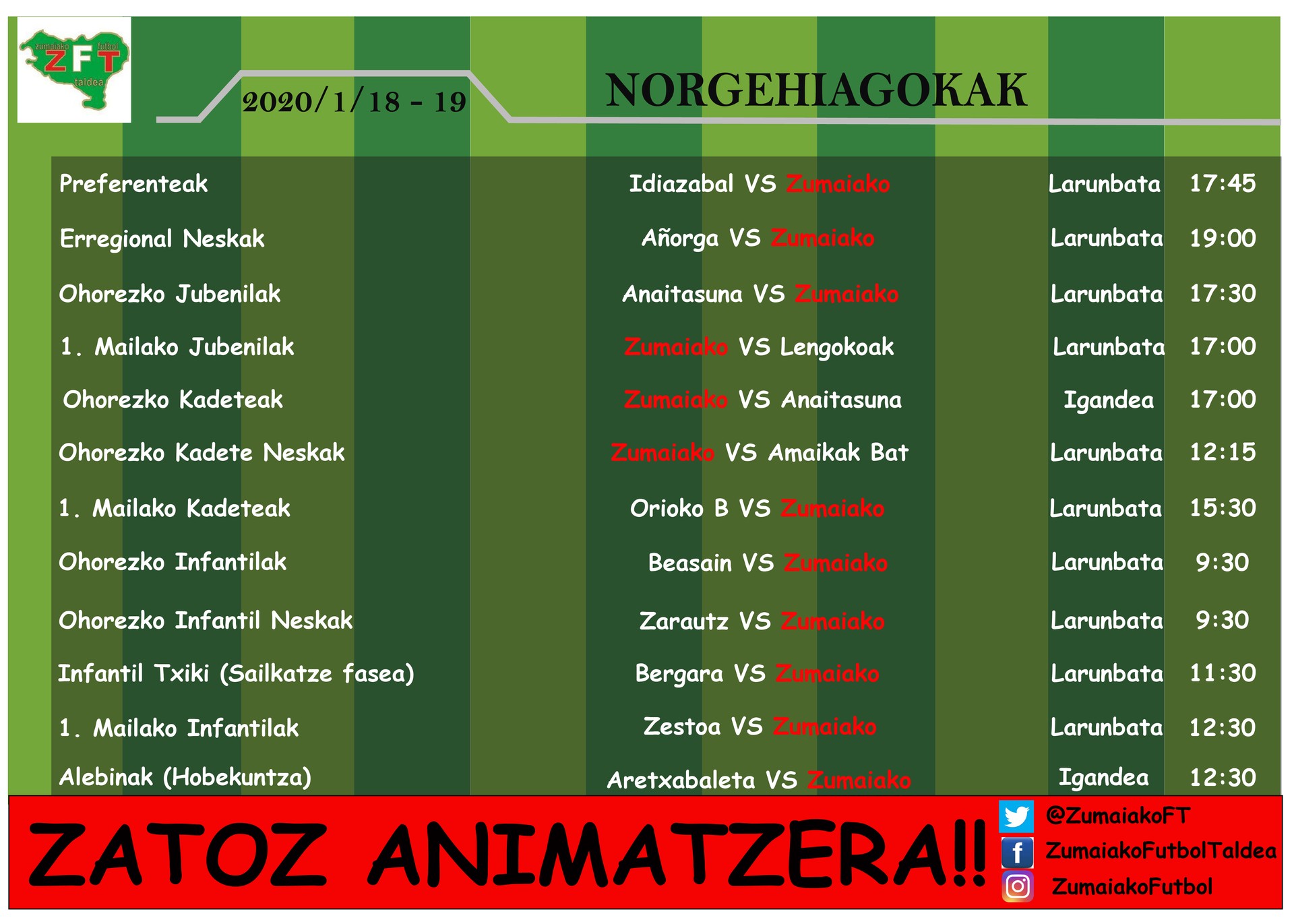 Zumaiakoko preferenteek eta ohorezko erregionaleko neskek larunbatean jokatuko dituzte norgehiagokak
