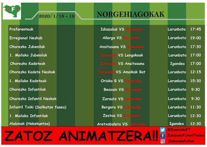 Zumaiakoko preferenteek eta ohorezko erregionaleko neskek larunbatean jokatuko dituzte norgehiagokak