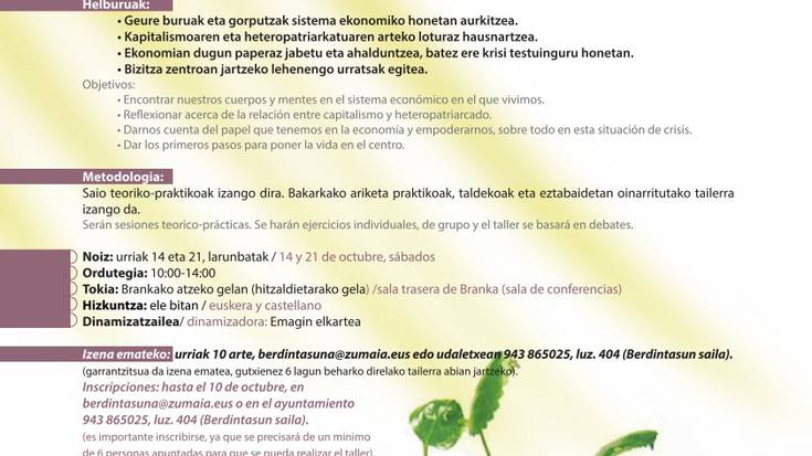 Ekonomia feminista sentitzeko tailerra egingo da urrian