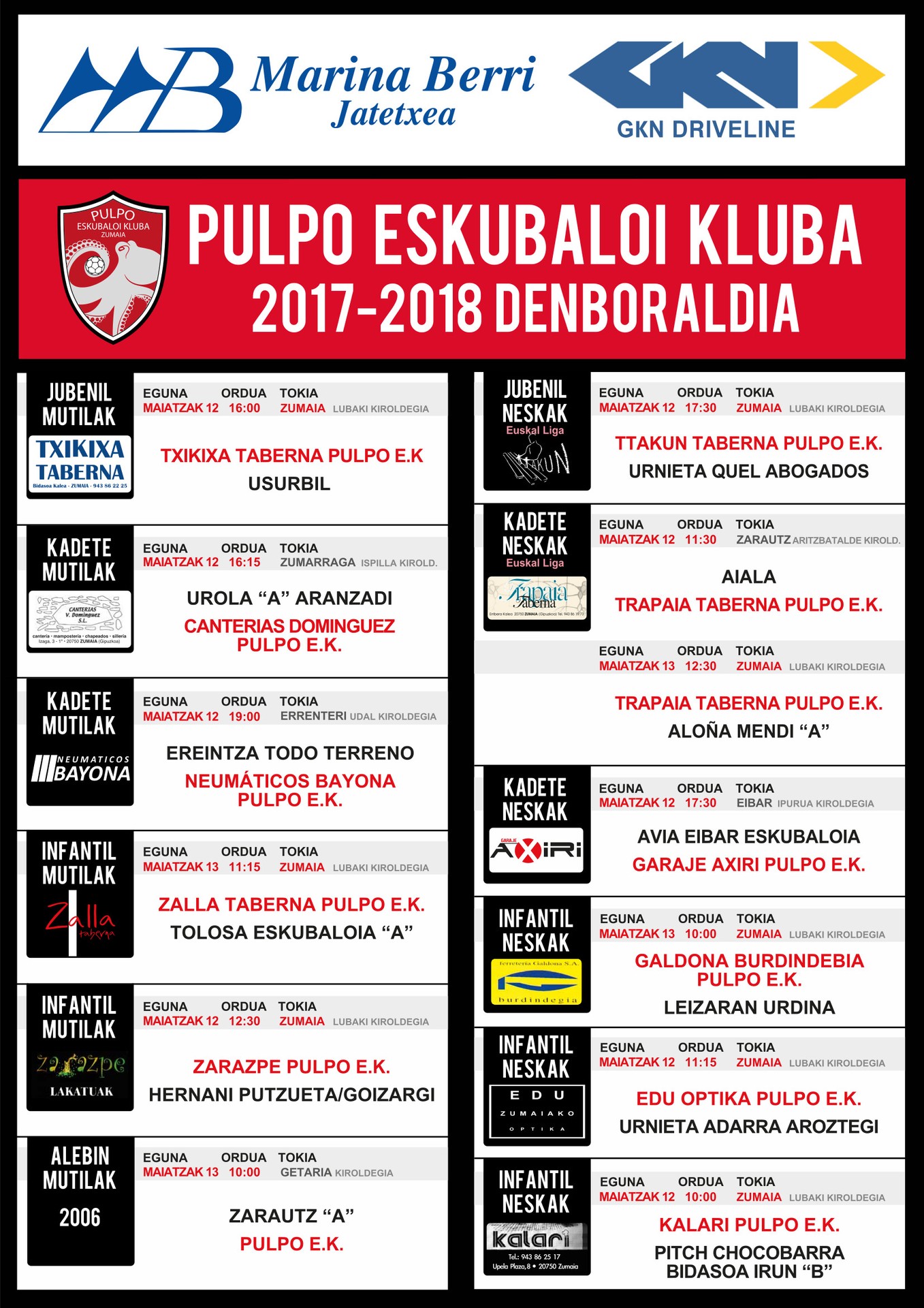 Pulpo Eskubaloiko partiduen ordutegia