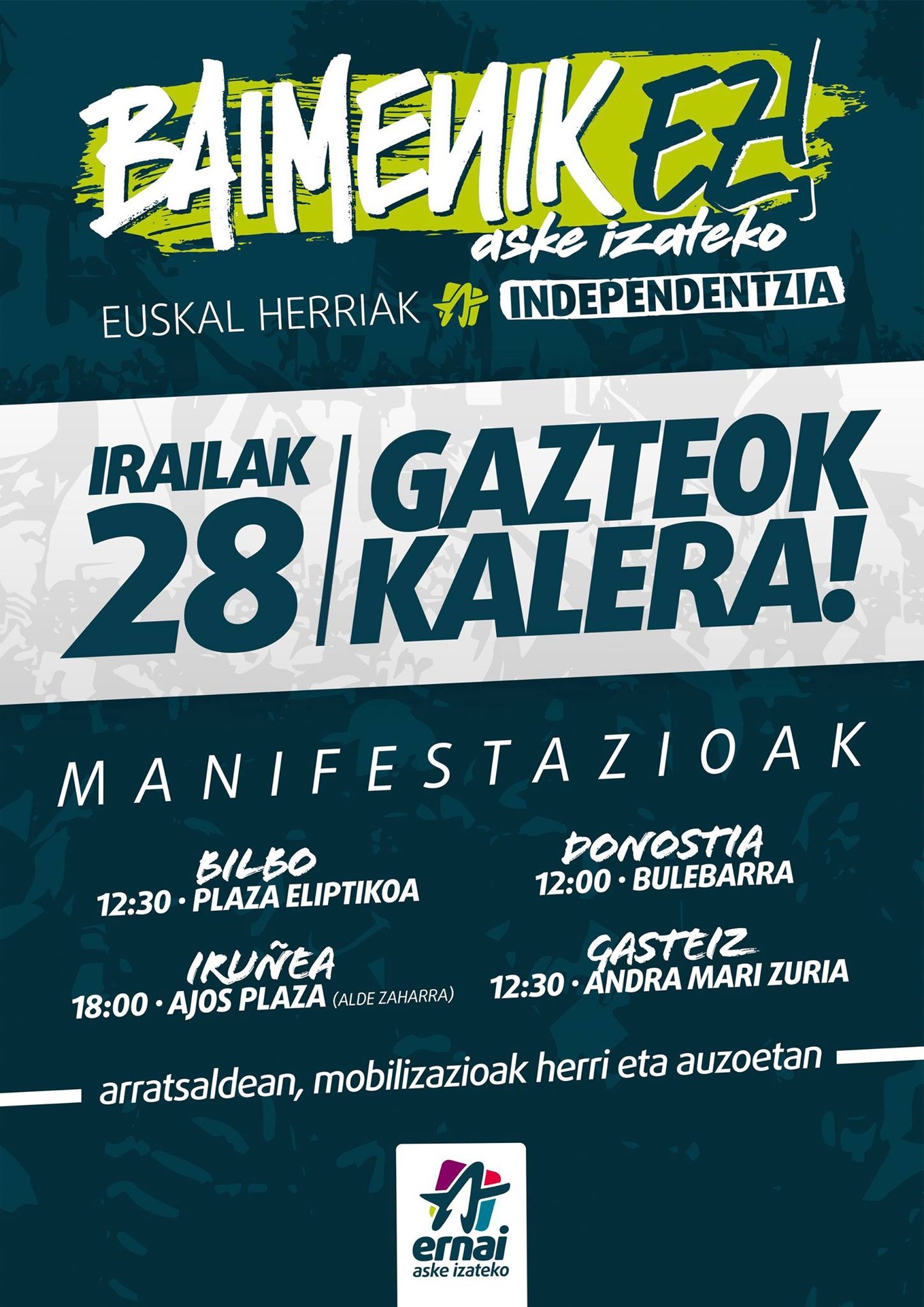 Ernaik dei egin die herriko gazteei Kataluniari babesa erakusteko antolatutako ekimenetan parte har dezaten