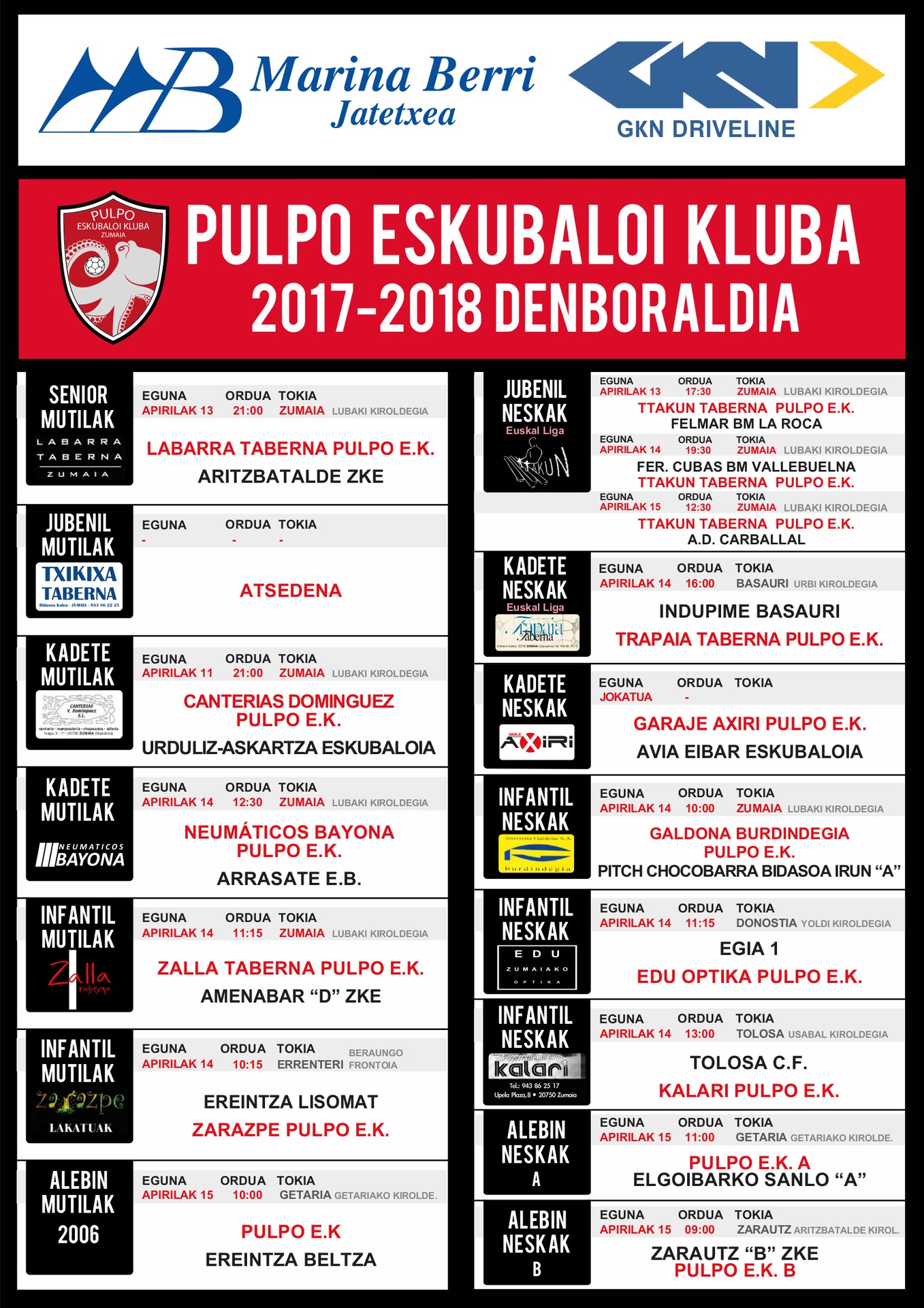 Pulpo Eskubaloiko partiduen ordutegia, Estatuko Jubenil Nesken Txapelketa