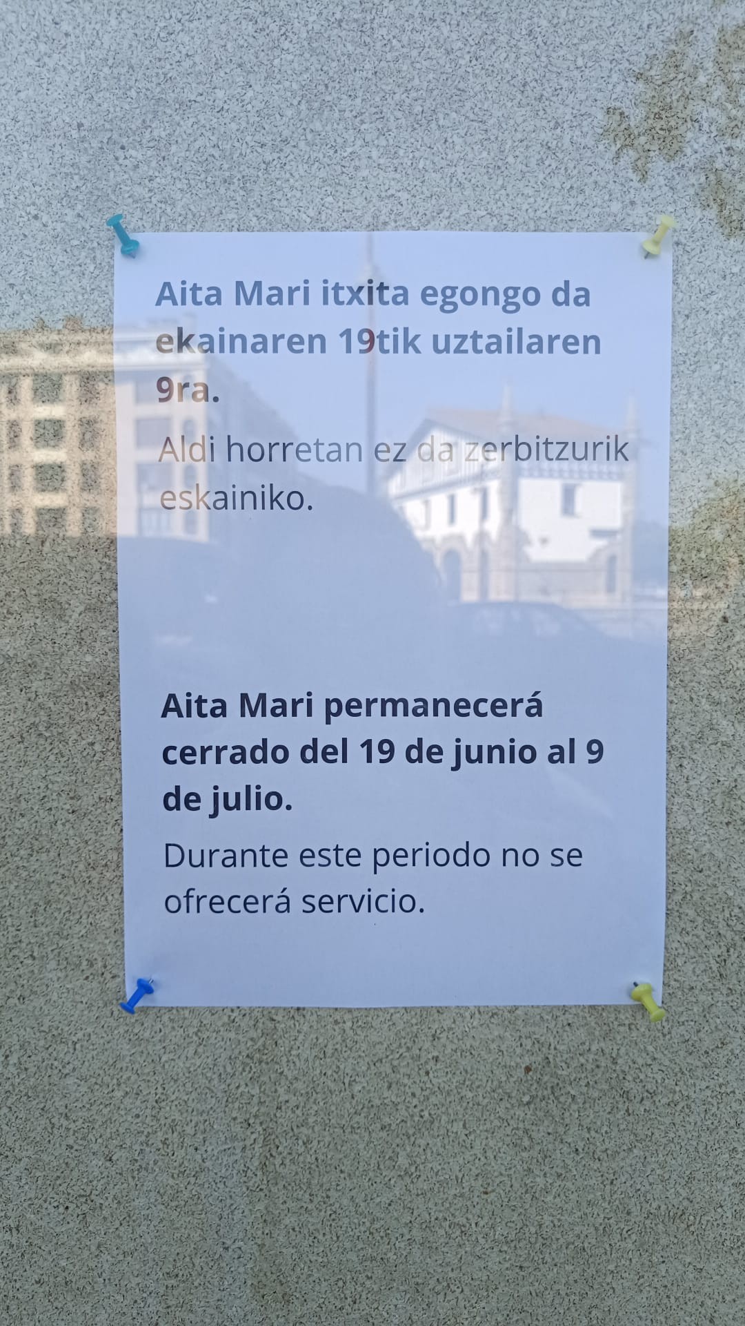 Aita Mari aretoa itxita egongo da uztailaren 9ra arte