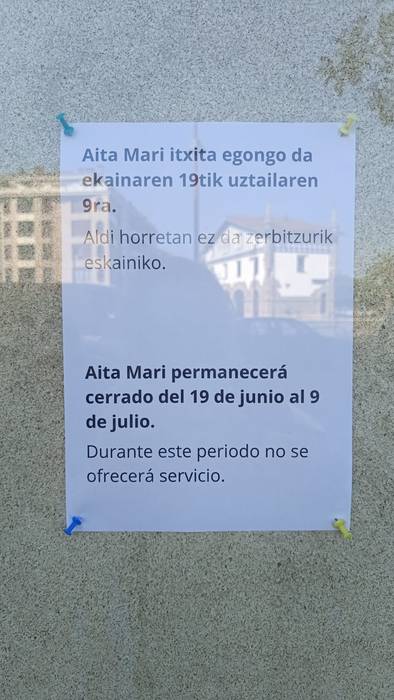 Aita Mari aretoa itxita egongo da uztailaren 9ra arte