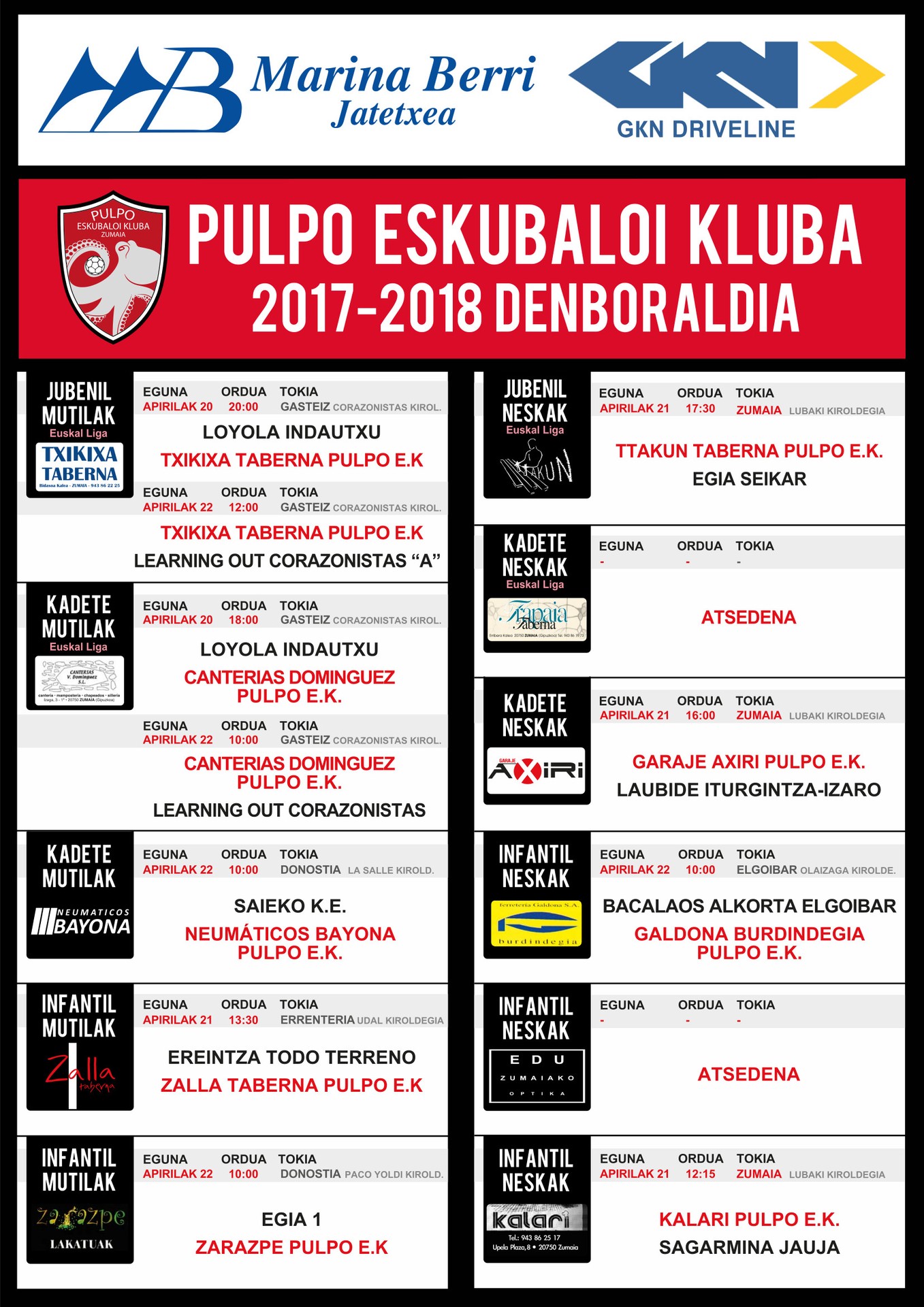 Pulpo Eskubaloiko partiduen ordutegia